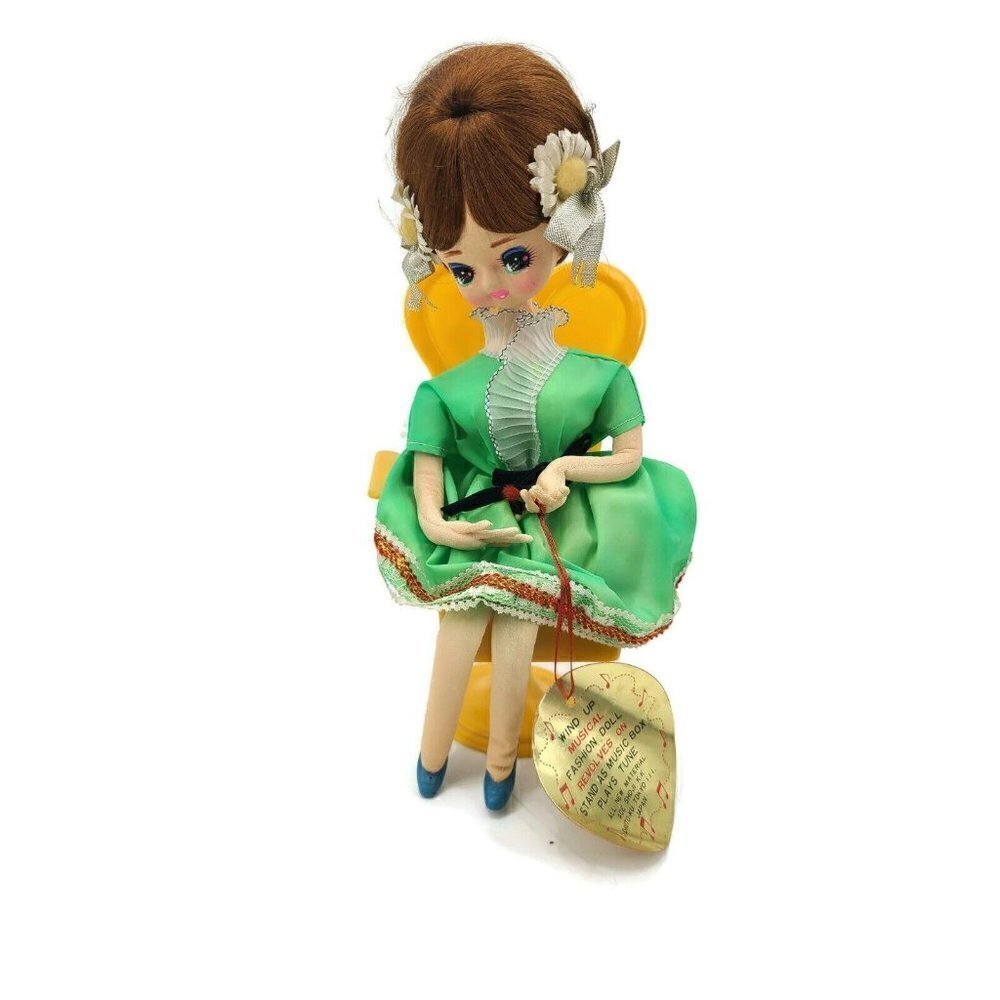 VTG Senpo Pose Doll on Chair Wind Up Musical Fashion Ace Shoji Big Eyes Japan